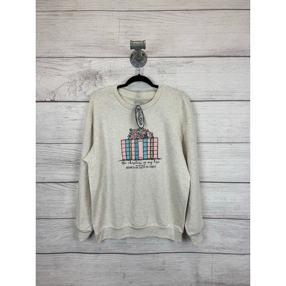 Kerusso Women's Cream Books Graphic Religious Sweatshirt Size Large